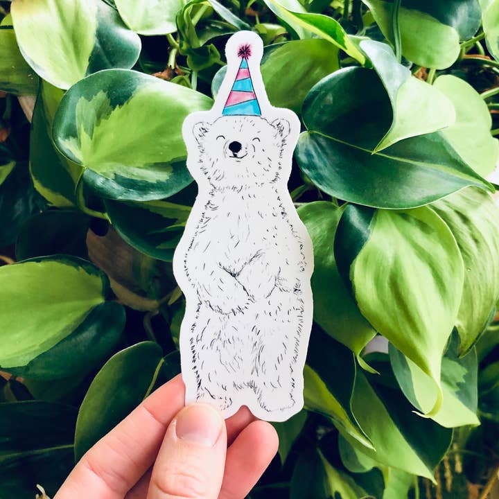 Party Polar Bear Cub Sticker for wholesale by Laura K Maxwell