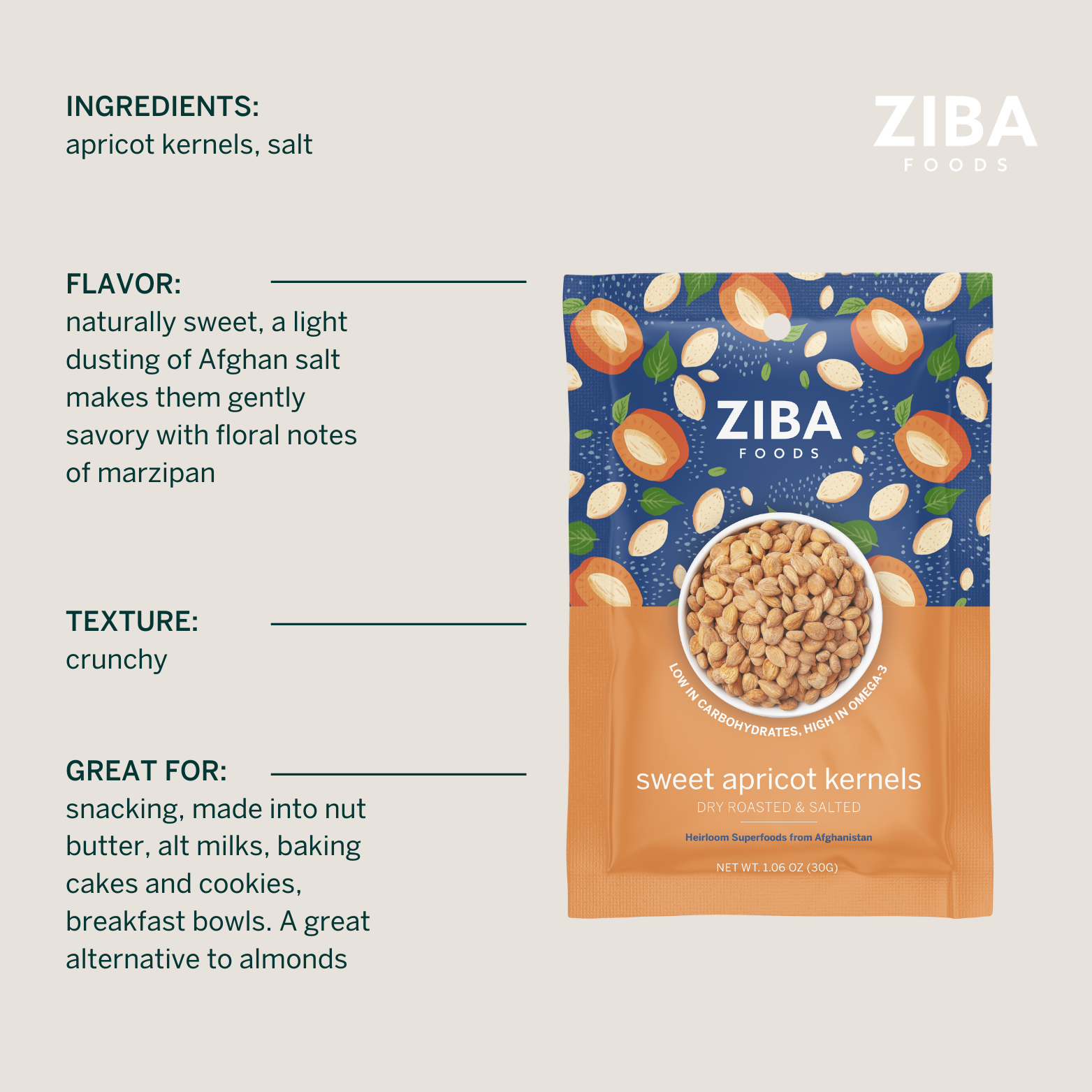 Ziba Foods – wholesale Nötter – Söta aprikosfrön (torrrostad och saltad) Vegan 1oz6
