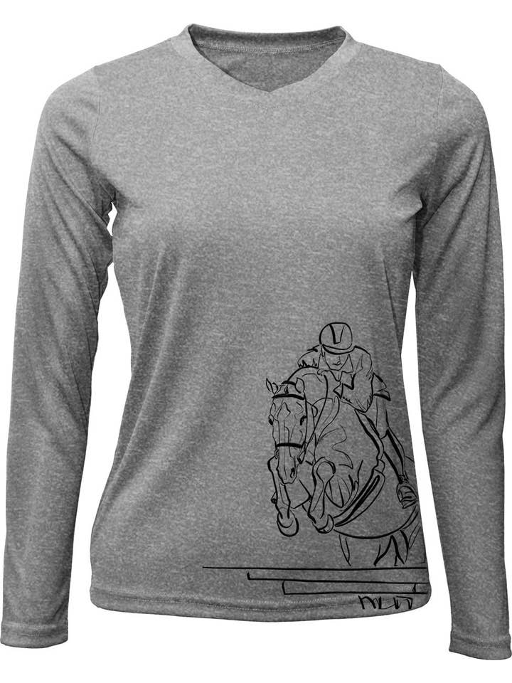 Noble Pony - Wholesale Screen Printed T-Shirt - Women's - V-Neck Long Sleeve UPF 50 Sunshirt Jumper line drawing