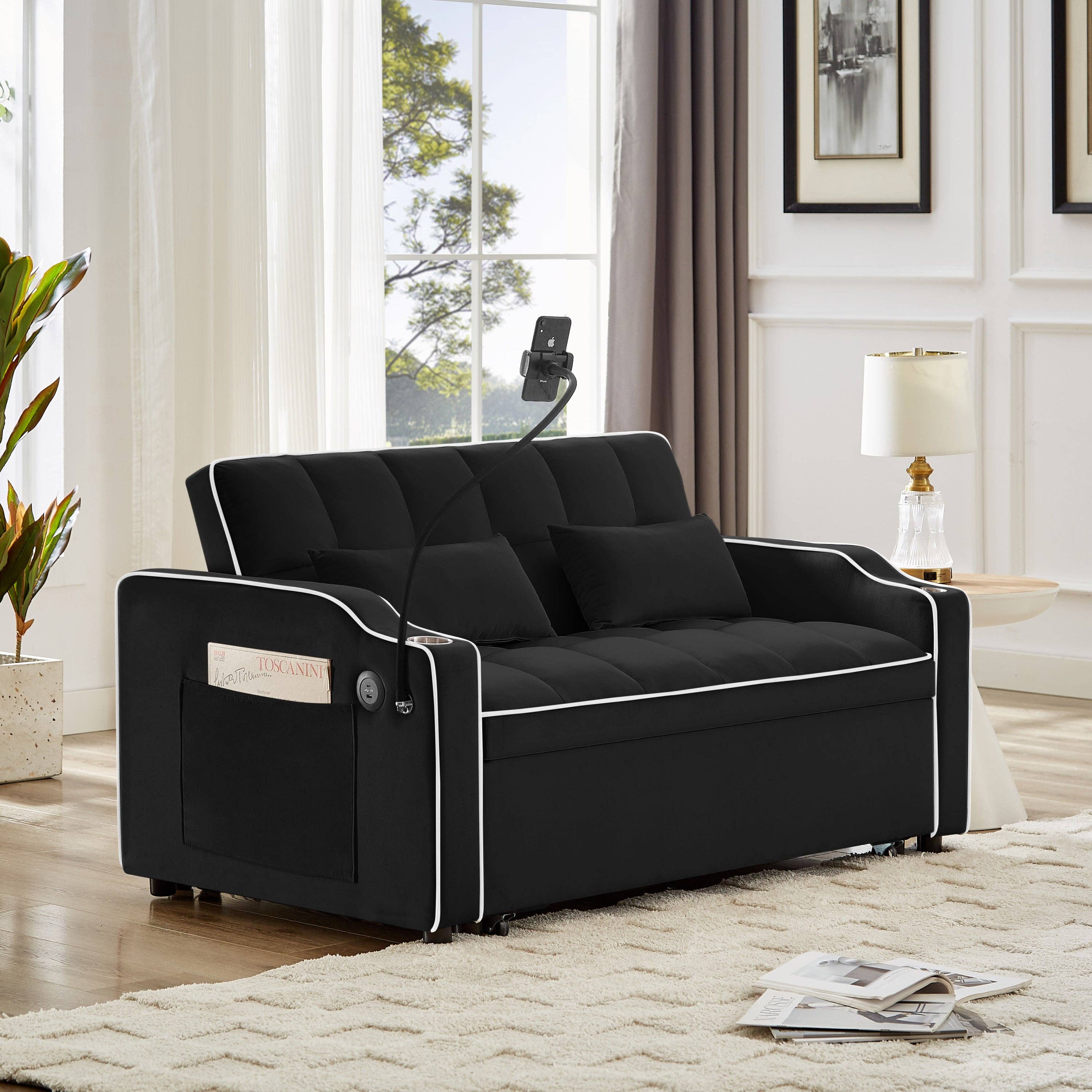 39F Inc. - Wholesale Sofa - Black Foldable Velvet Sofa Bed with USB and Storage1