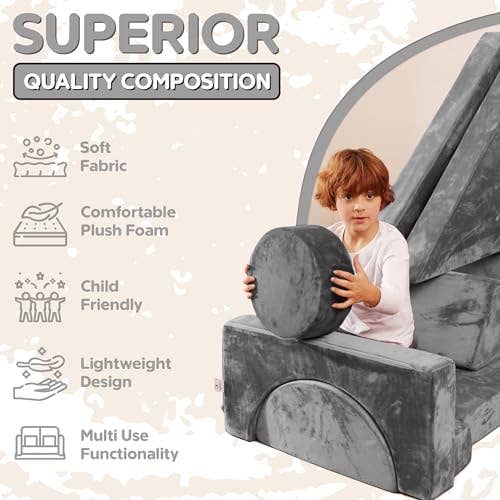 AllSett Health - Wholesale Toy Set - Kids - Contour Comfort Kids Couch, 14 PC Modular Kids Play Couch Set – Convertible Kids Sofa Couch with Soft Foam Sofa Cushions | Kids Fort Couch, Kid Couch Play Room Furniture, Grey