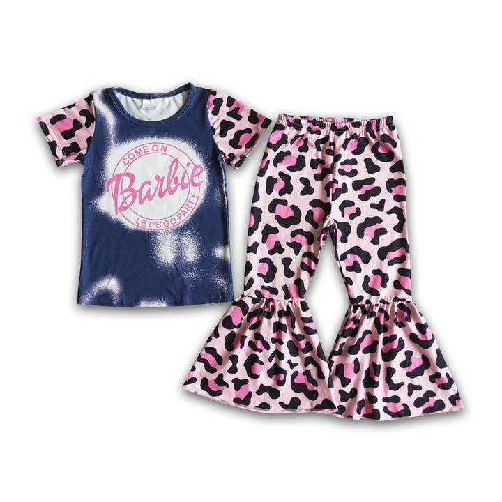 Ensemble de fête pour filles avec chemise à manches courtes et pantalon cloche léopard pour la vente par Yawoo Garments