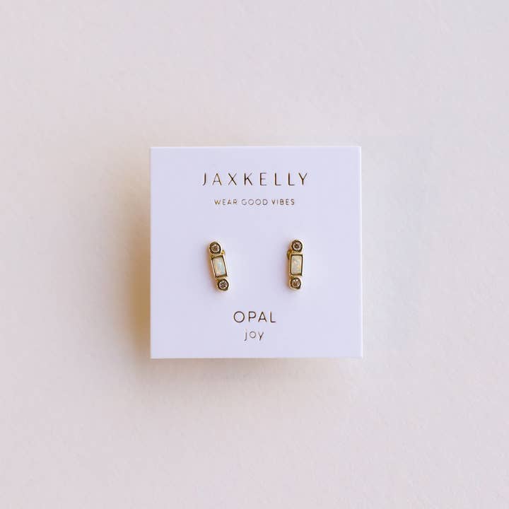 JaxKelly - Wholesale Stud/Post Earrings - Bar Opal - White - Gold Earrings