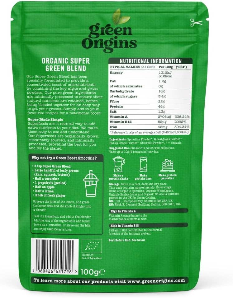 Brand Organic – wholesale Protein/superfood powder – Green Origins 4 Super Green Blend 100g Organic1