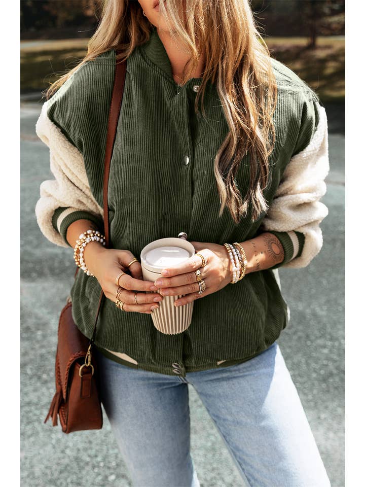 PRETTY BASH - Wholesale Bomber jacket – Women’s - Colorblock Corduroy Fleece Patchwork Button-Up Bomber Jacket2