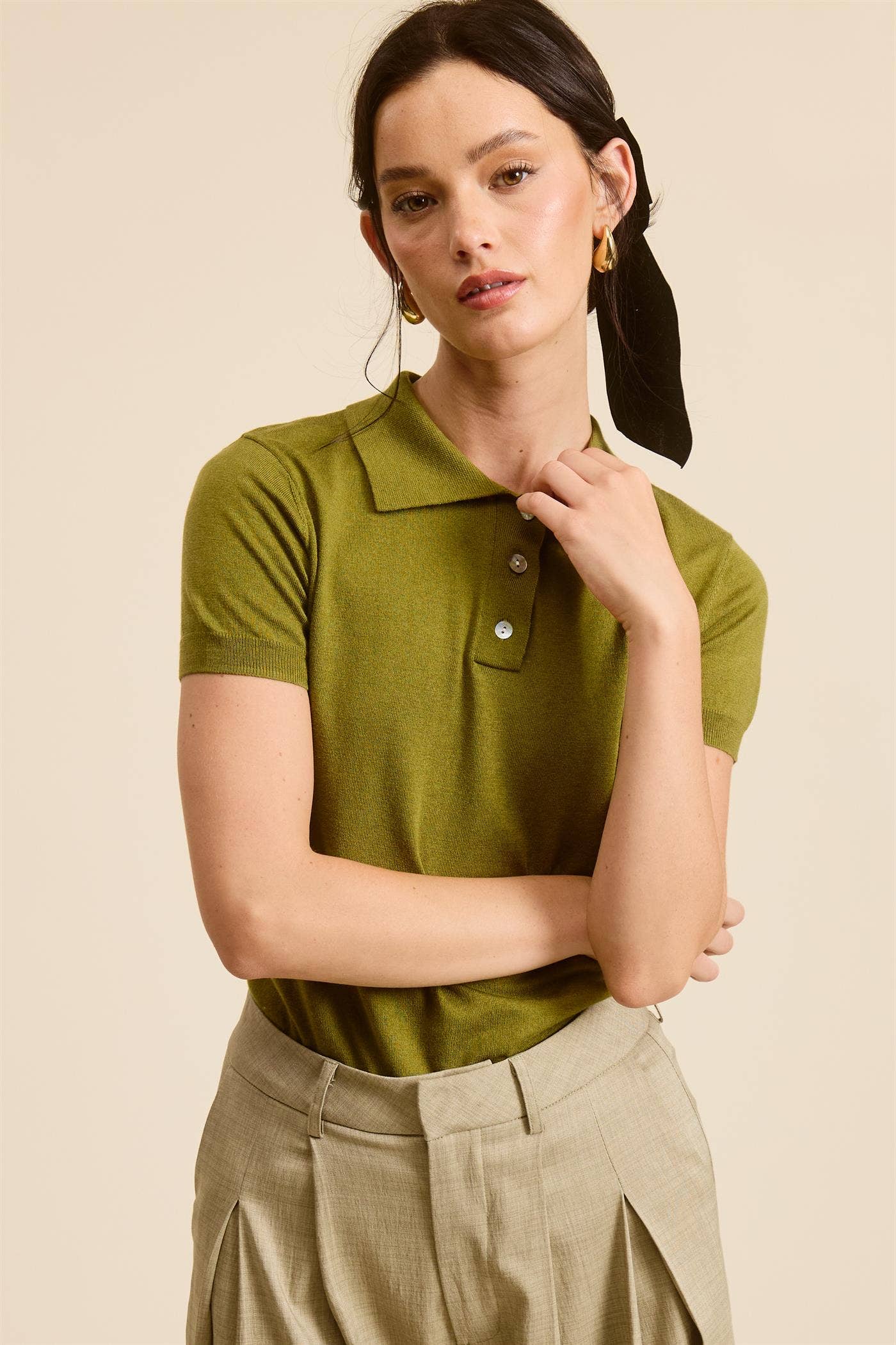 Mimosa - Wholesale Knit Top - Women's - Buttoned Collar Short Sleeve Knit Polo Top4