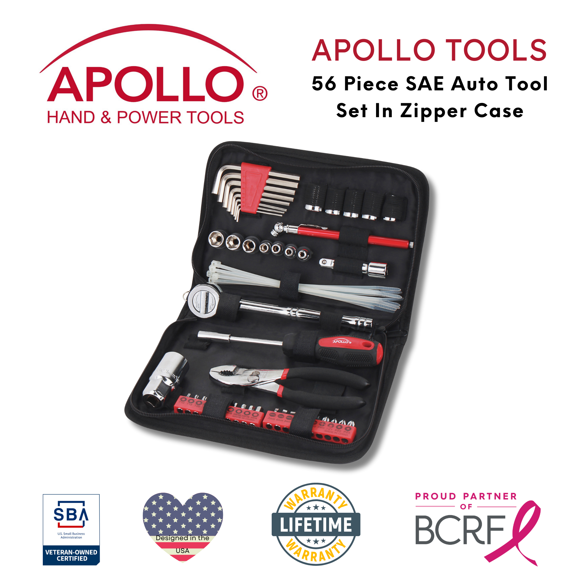 Apollo Tools - Wholesale Tool Set - 56 Piece SAE Auto Tool Set In Zipper Case3