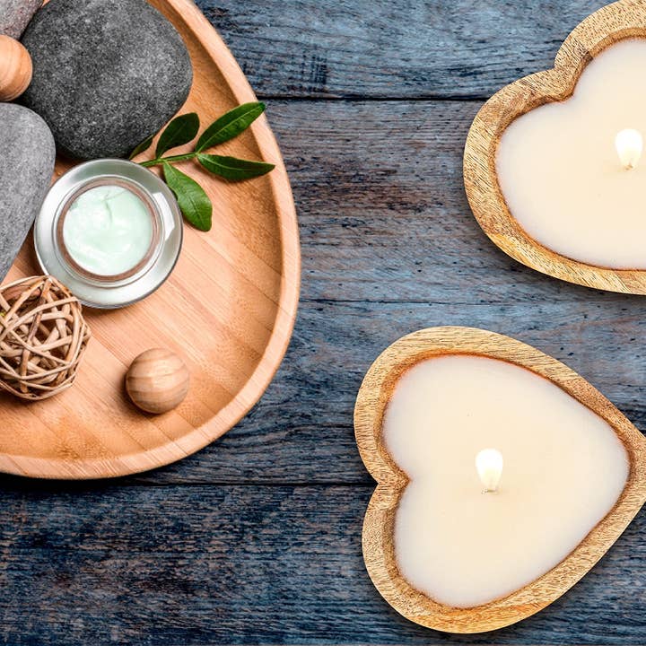 Beige Heart Shaped Soy Wax Candle - 3 Wicks, 6" Vanilla Sandalwood for wholesale on Faire