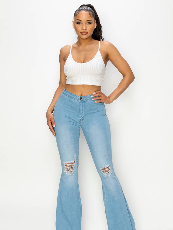 BC-085 DAMEN JEANS MIT HOHER TAILLE UND SCHLAGHOSE IM USED-LOOK für den Großhandel von Denim Zone U.S.A.