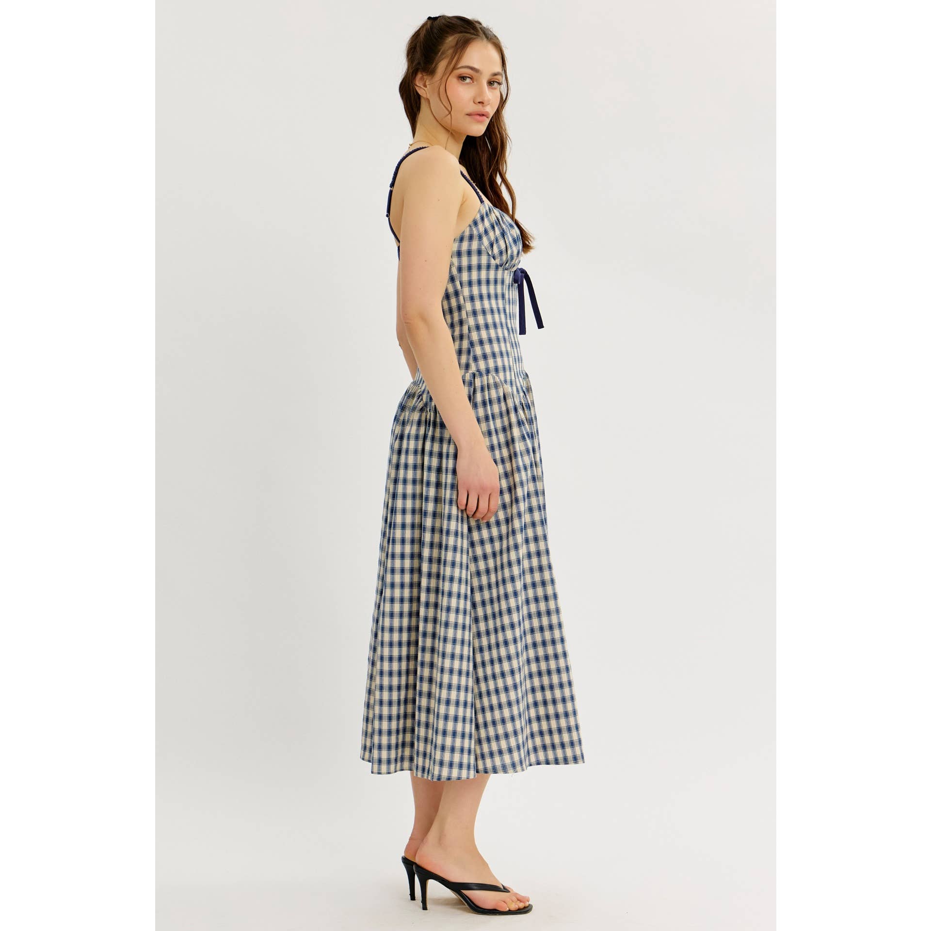 idem ditto - Wholesale Dress - Women's - PLAID MIDI DRESS WITH RUCHED BUST AND OPEN BACK3