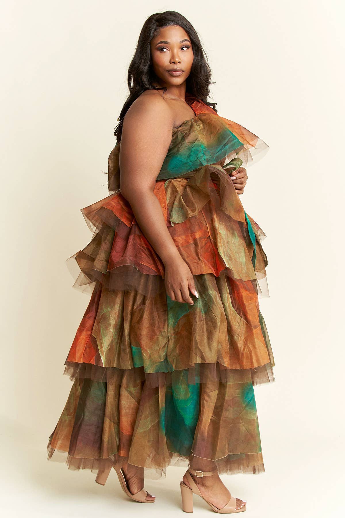 Namatt Design - Wholesale Top & Skirt Set - Women's - Plus One-Shoulder Ruffle Top & Maxi Ruffle Skirt Set4