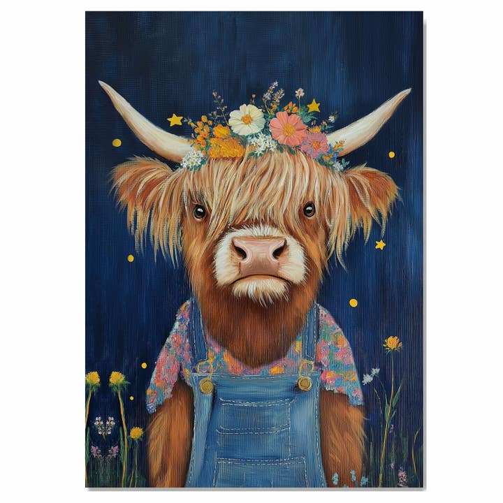 Vache en salopette et couronne de fleurs Art sur toile roulée à plat pour la vente par Art Paradise Studios