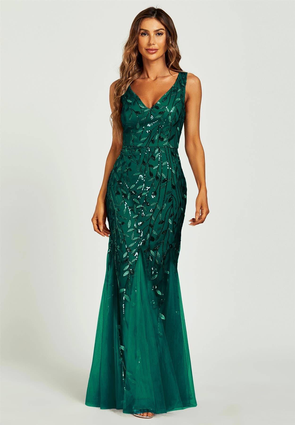 Sequin Leaf Detailed V Neck Bridesmaid Maxi Dress In Green for wholesale on Faire2
