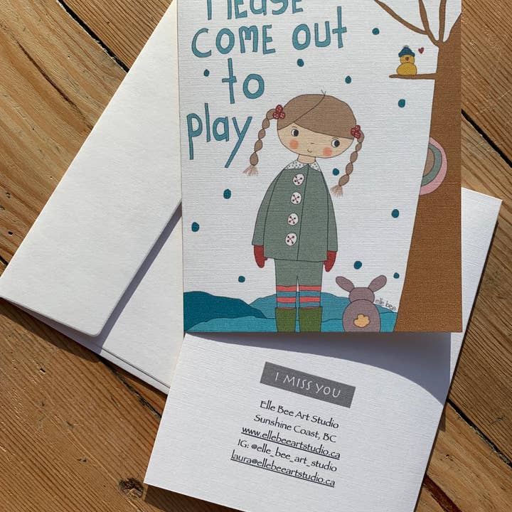 „Bitte komm raus zum Spielen“ Grußkarte Winter für den Großhandel von Elle Bee Art Studio