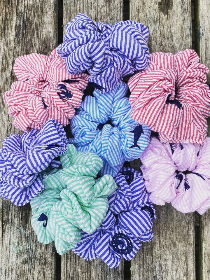 Custom Embroidered Logo Seersucker Scrunchies for wholesale by Piping Prints