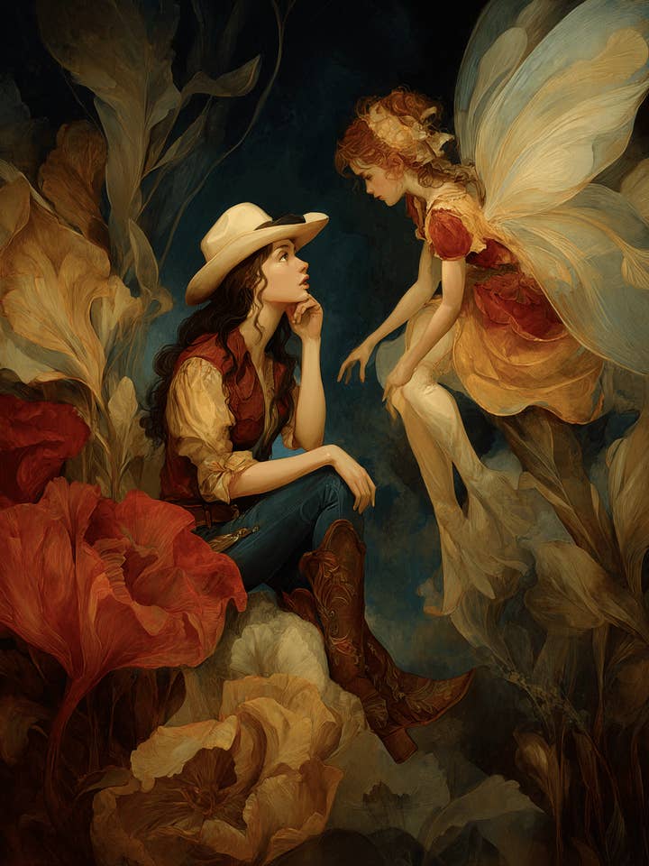 Stampa d'Arte Occidentale di una Fata che Racconta una Storia a una Cowgirl - Opera d'Arte 8"x10" per la vendita all'ingrosso da parte di Mowbi