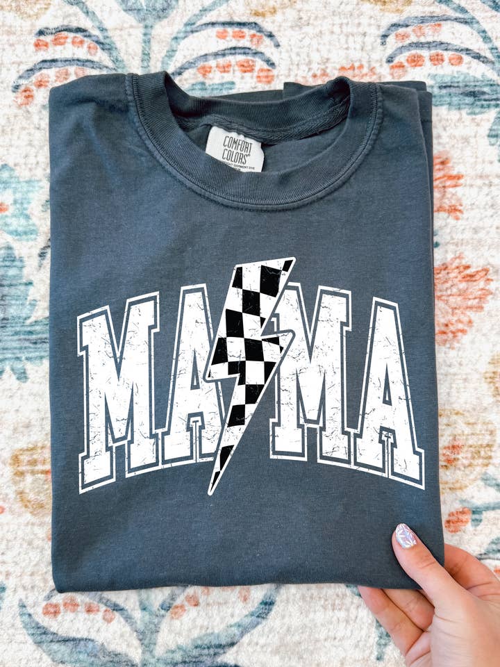 Lightening bolt trendy comfort color mama tee for wholesale by Broke Babes Wholesale