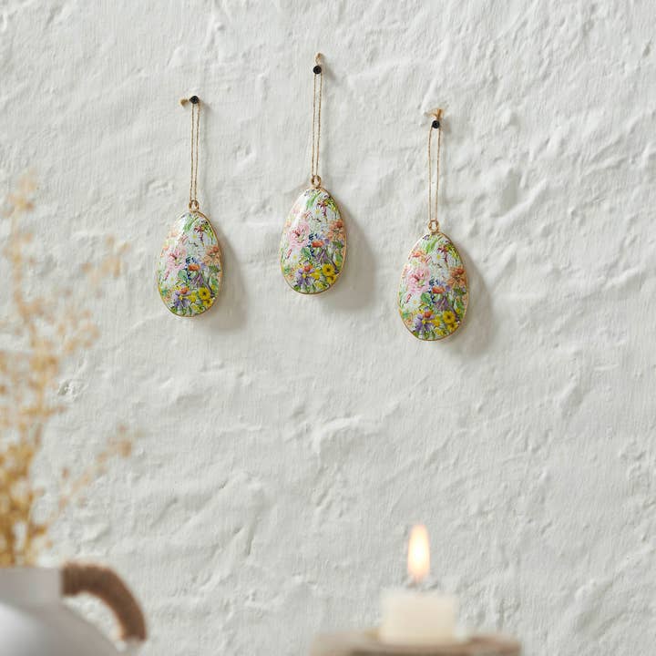 VHC Brands - Wholesale Ornament - Spring In Bloom Metal Floral Egg Ornament Set of 3 4x2.5