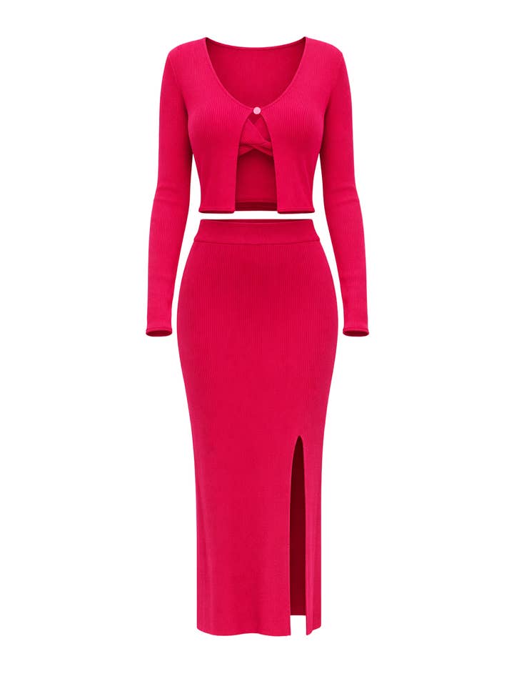 Einfarbiges 3-teiliges Set mit Cardigan, Crop-Top und Rock für den Großhandel von RIVIR