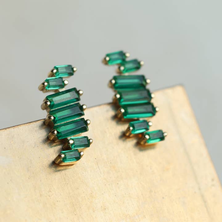 Silk Purse, Sow's Ear โ wholesale Stud/post earrings โ Emerald Green Ladder Baguette Stud Earrings2