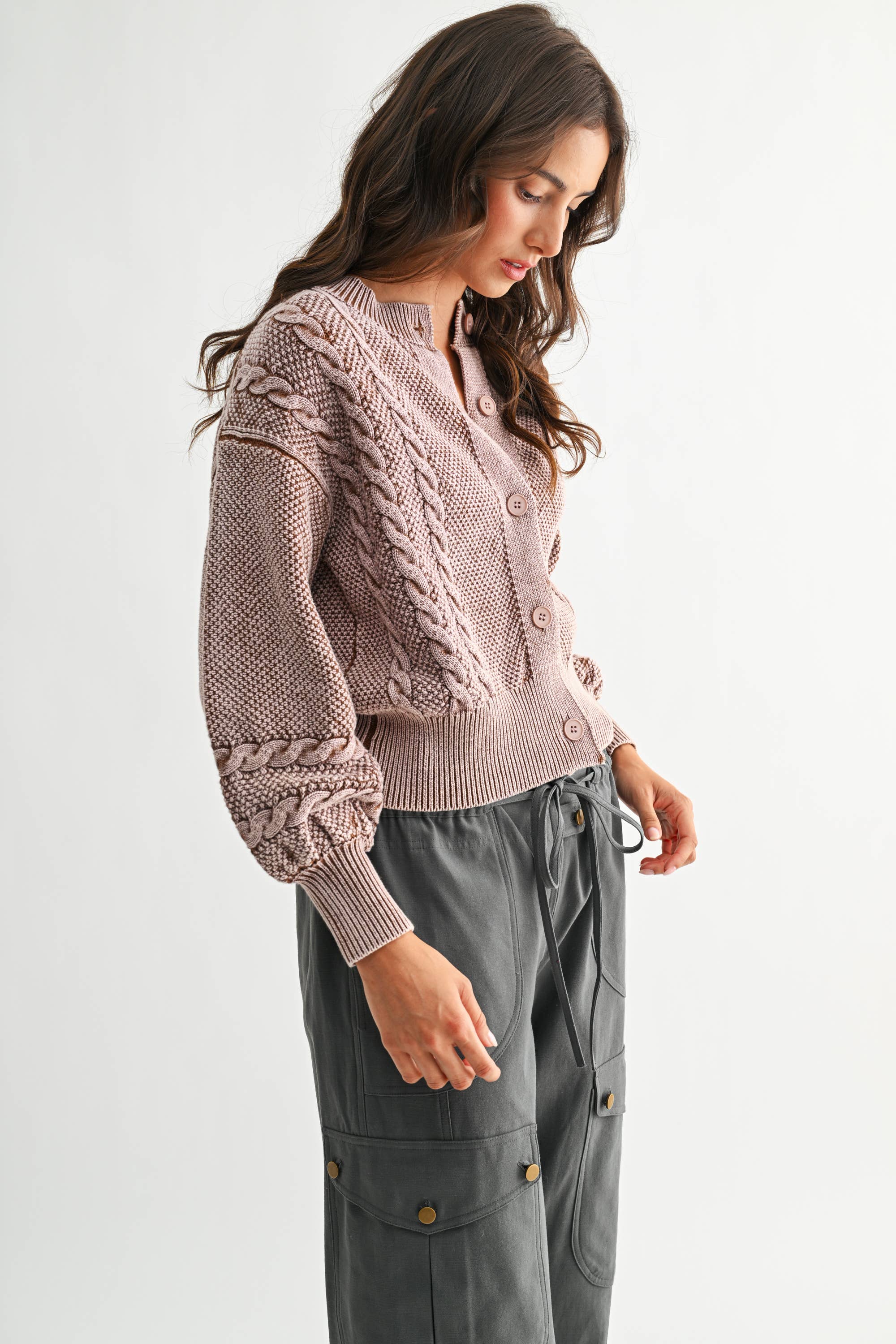 Camellia - Wholesale Cardigan - Women's - CW10019E WASHED BLENDED BROWN CABLE KNIT CARDIGAN46