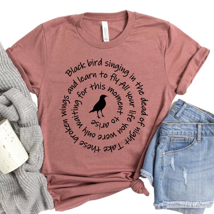 Epic Life - Designed - Wholesale Screen Printed T-Shirt - Women's - Blackbird Singing in the Dead of Night - Beatles Song Lyrics Shirt - Gift for Music Lovers - Blackbird T-Shirt - Music Tops and Tees