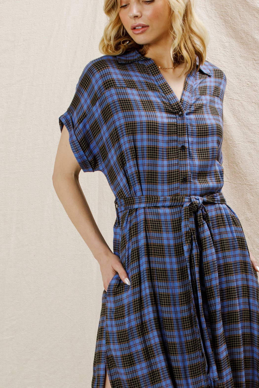 BLUE BLACK Plaid Button Down Belted Shirt Dress for wholesale on Faire4