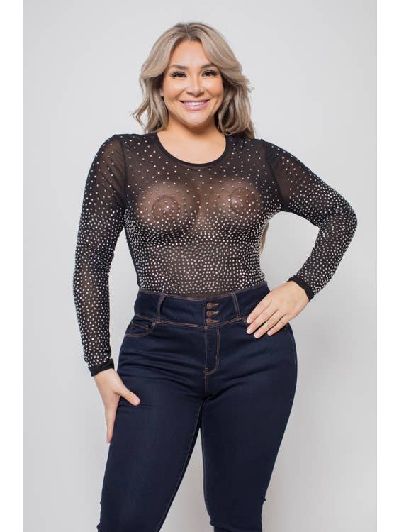 Curve Market - Wholesale Bodysuit - Women's - PLUS SIZE RHINESTONE STUDDED MESH BODYSUIT9
