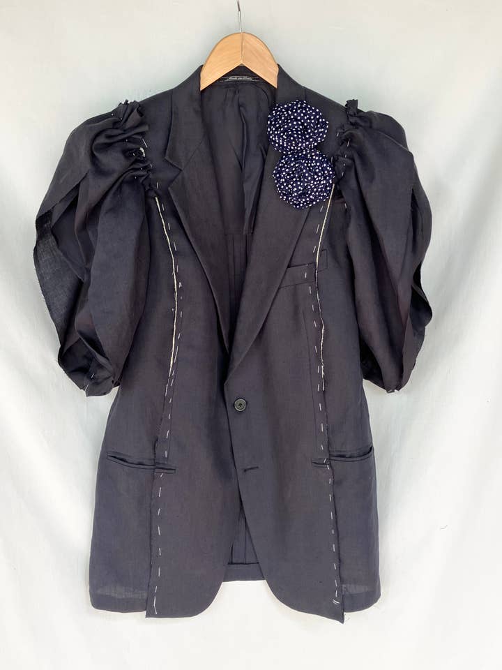 PUFF SLEEVES UPCYCLED DARK BLUE LINEN BLAZER for wholesale by LOLADARLING