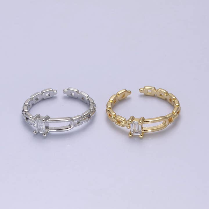 Aim Eternal - Wholesale Multi-Stone Ring - 24K Gold Filled Belt Buckle Ring in Gold & Silver, Minimalist Cable Link Chain Ring with CZ Crystal Cubic Zirconia, S-341