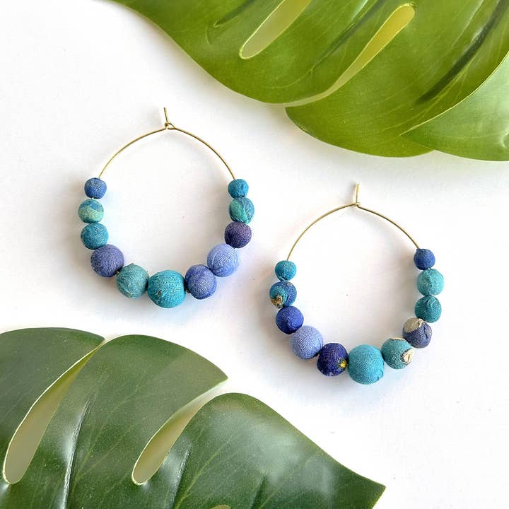 WorldFinds - Wholesale Hoop Earrings - Kantha Azure Graduated Hoops