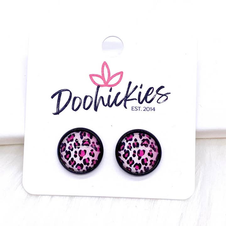 12mm Pink Ombre Leopard in Black Settings -Earrings for wholesale by Doohickies