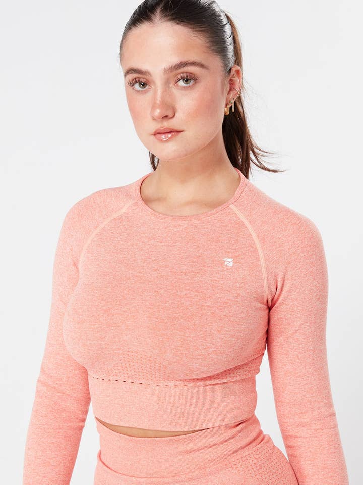 Twill Active Marl Long Sleeve Crop Top - CORAL - S for wholesale by Twill Active LLC