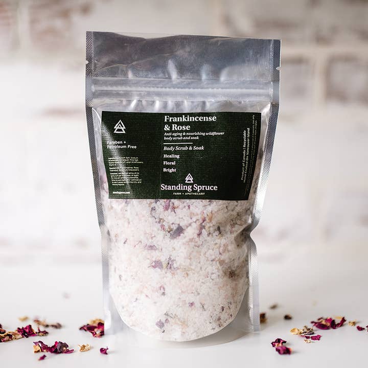 Frankincense & Rose, Soak & Exfoliant 8 Oz jar or 10 oz bag for wholesale by Standing Spruce
