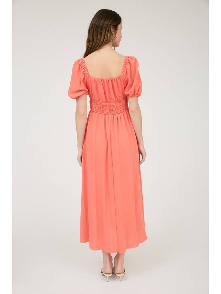 MINE - Wholesale Dress - Women's - SOLID SMOCKED WAIST BALLOON SLEEVE MIDI DRESS