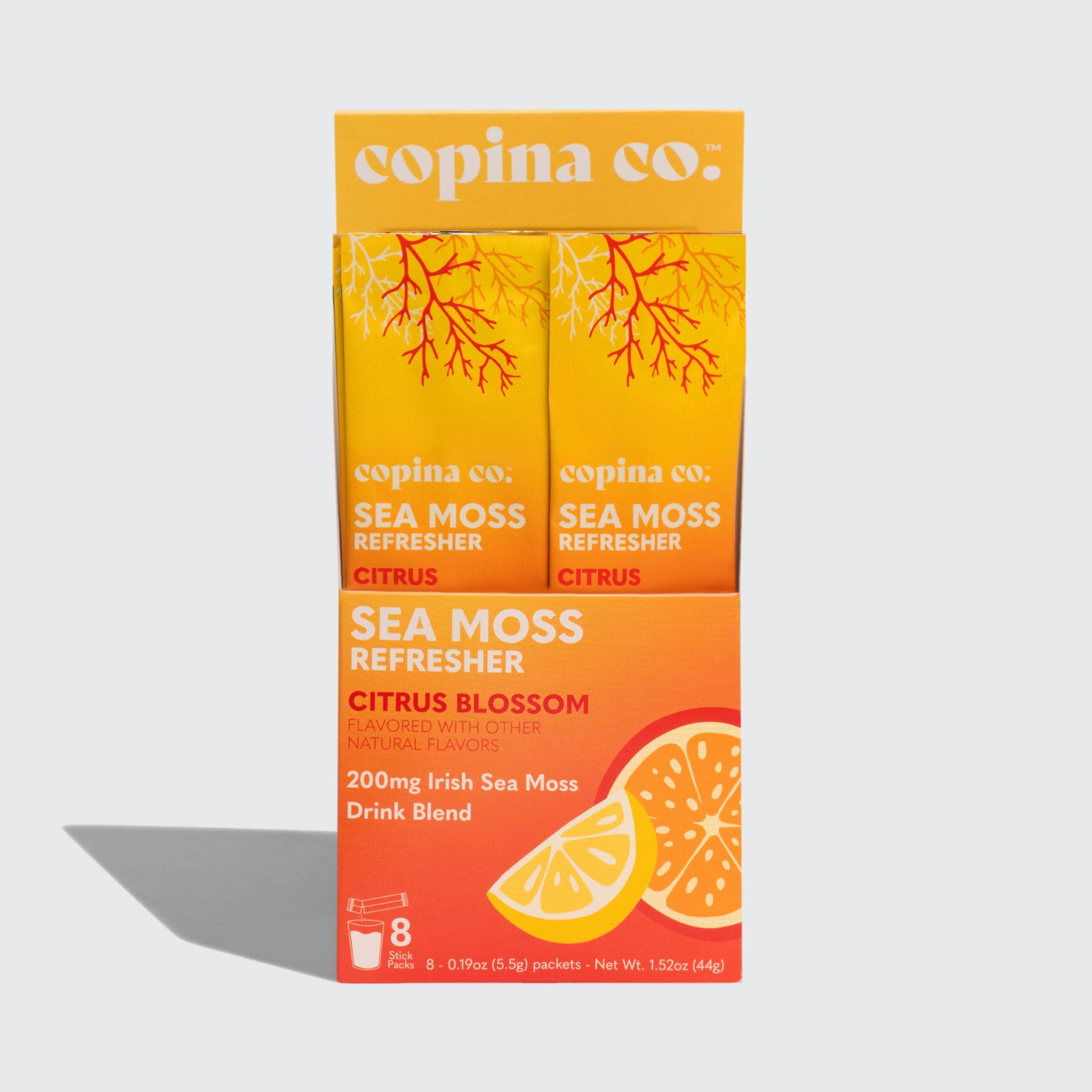Copina Co. - Vente Préparation pour boisson - Boisson rafraîchissante Citrus Blossom Sea Moss - Paquet de 8 bâtonnets et carton