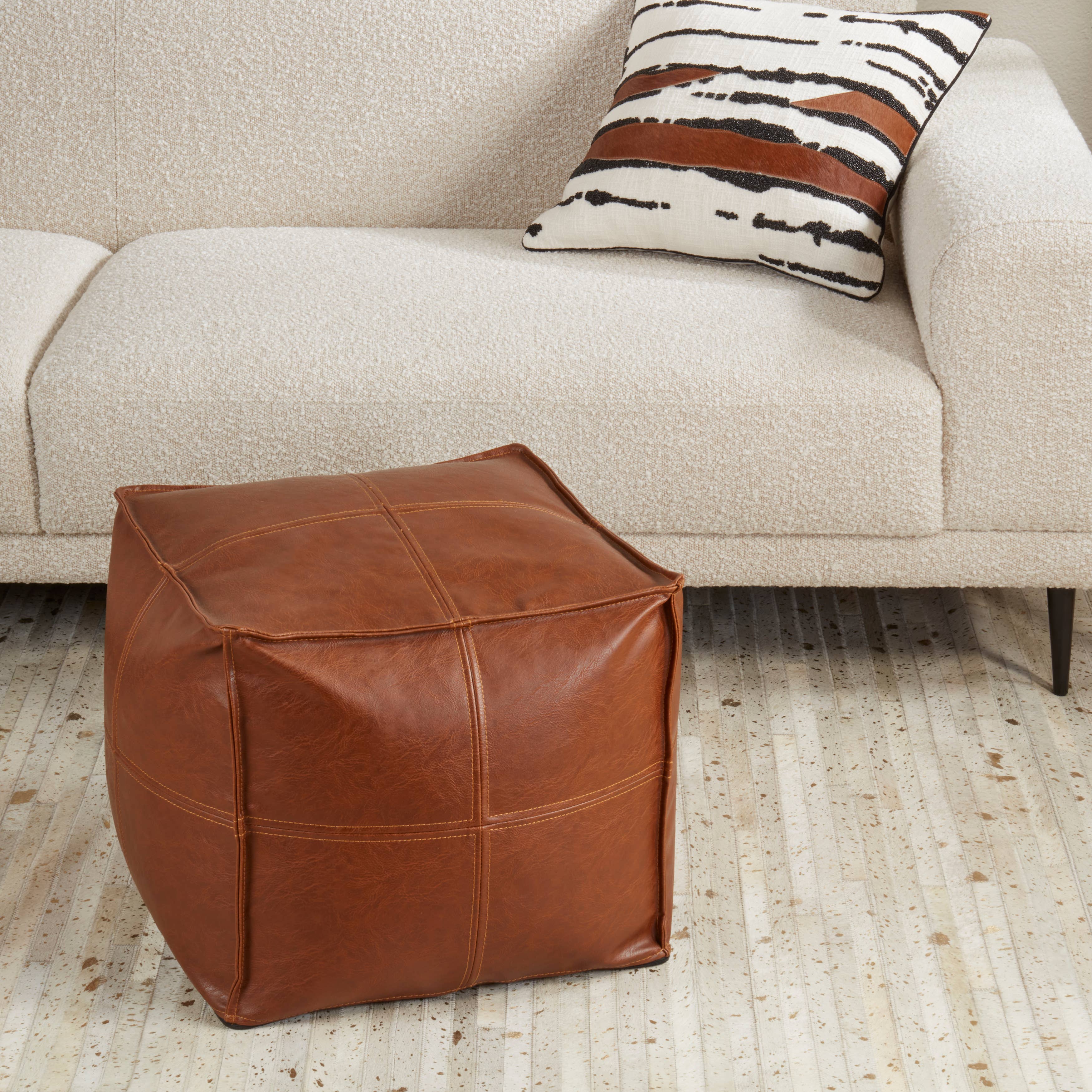 Brown Vintage Inspired Faux Leather Patchwork Pouf for wholesale on Faire3