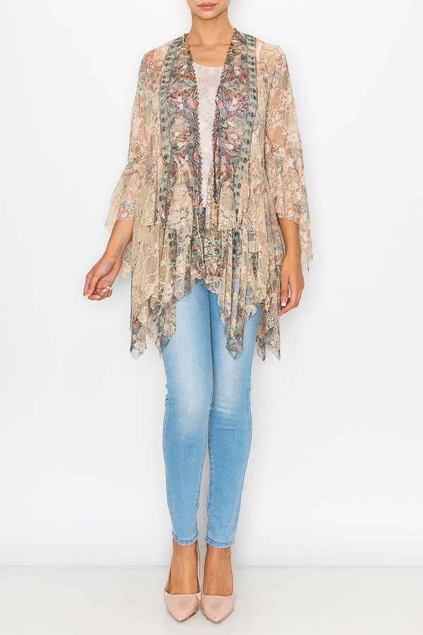 Origami Apparel ~  Lace and Crochet inspired – Großhandel Strickjacke – Damen – Klassische Strickjacke aus Spitze mit gestuften Lagen - 4618TP/TURQ0