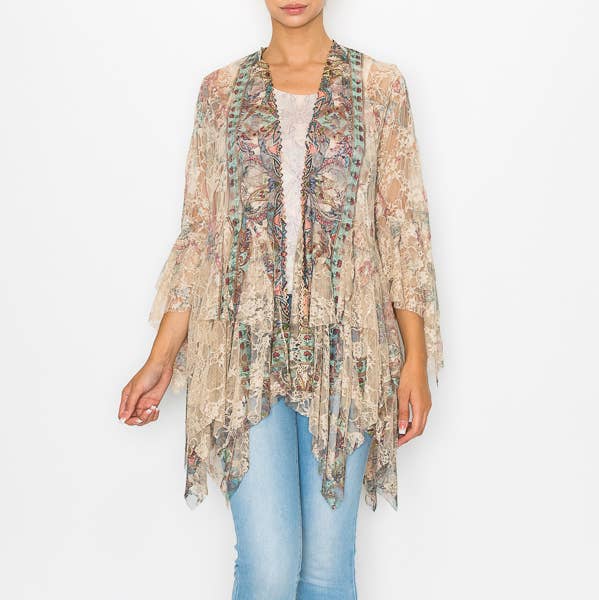 Classic All Lace Cardigan with Tiered Layers - 4618TP/TURQ for wholesale by Origami Apparel ~ Lace and Crochet inspired