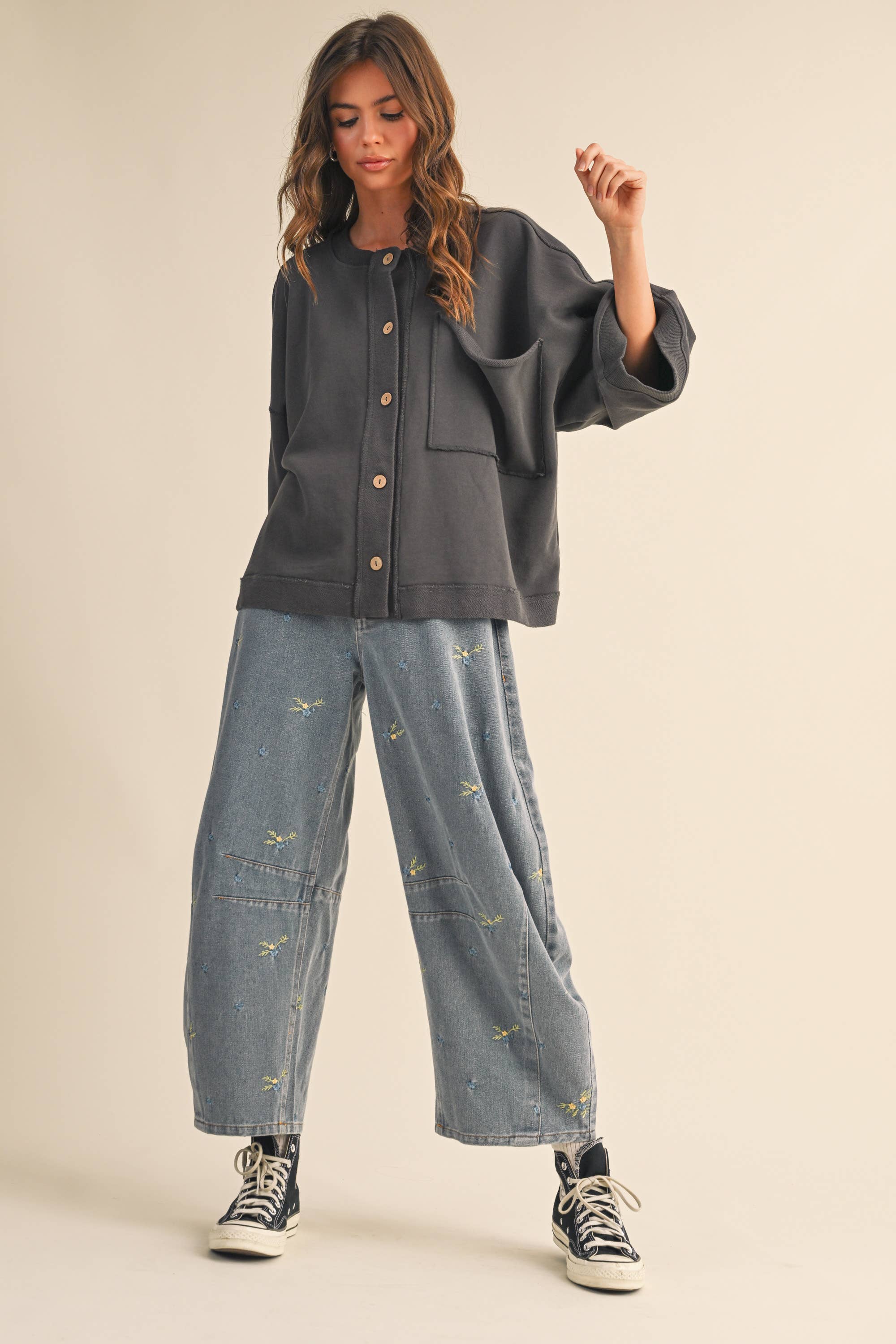 Klesis - Wholesale Button Down Shirt - Women's - IJ1589  FRONT POCKET BUTTON DOWN OVERSIZED SOLID TOP12
