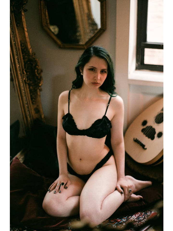 Clare Bare - Wholesale Bralette - Women's - Florid Bralette in Black Deadstock Satin