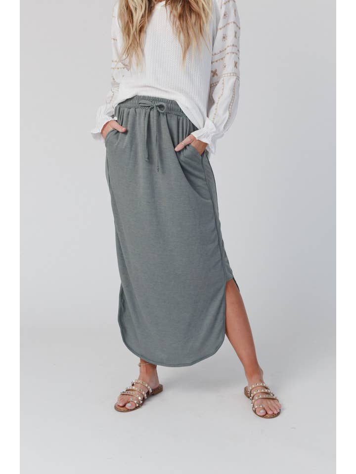 Three Bird Nest - Wholesale Skirt - Women's - So Comfy Drawstring Maxi Skirt - Light Olive5