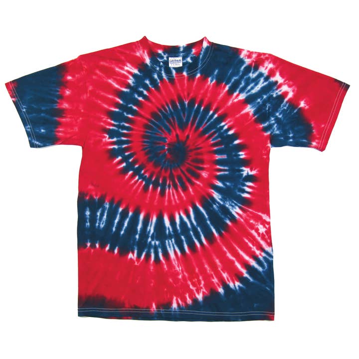 Red and Navy Spiral Tie Dye Tee for wholesale by Kerr's Cotton