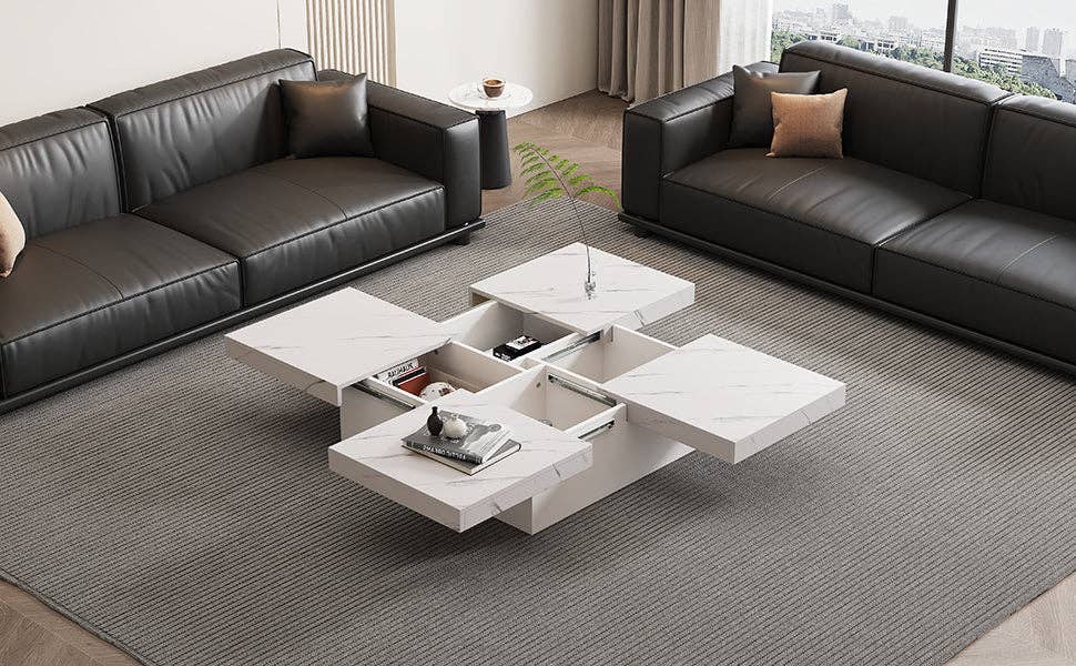 Urban Meuble - Wholesale Side Table - Modern white square coffee table with marble effect, 4 drawers, sliding top 90x90x25cm KHEKRIED24