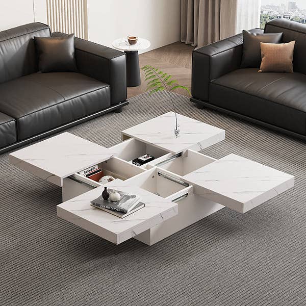 Urban Meuble - Wholesale Side Table - Modern white square coffee table with marble effect, 4 drawers, sliding top 90x90x25cm KHEKRIED24