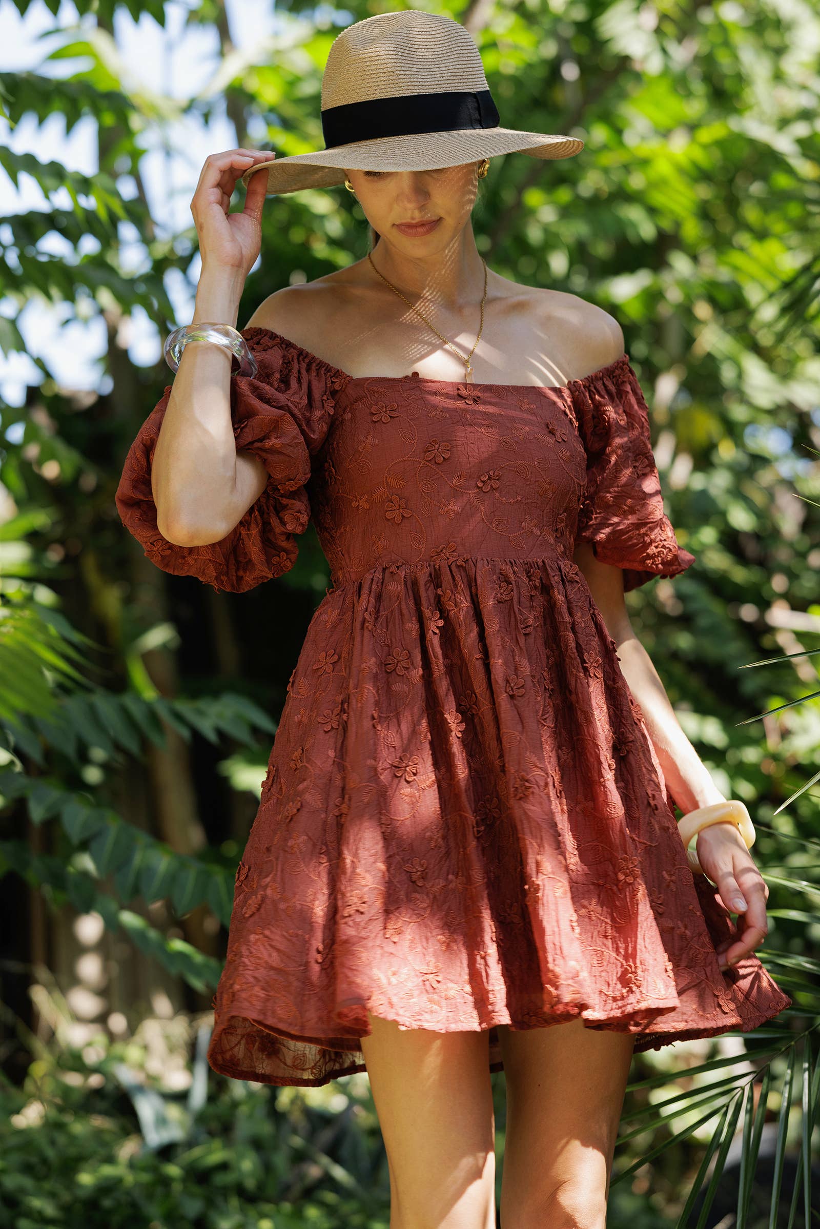 RUST YD5019 Embroidered Puff Sleeve Off-Shoulder Mini Dress for wholesale on Faire8