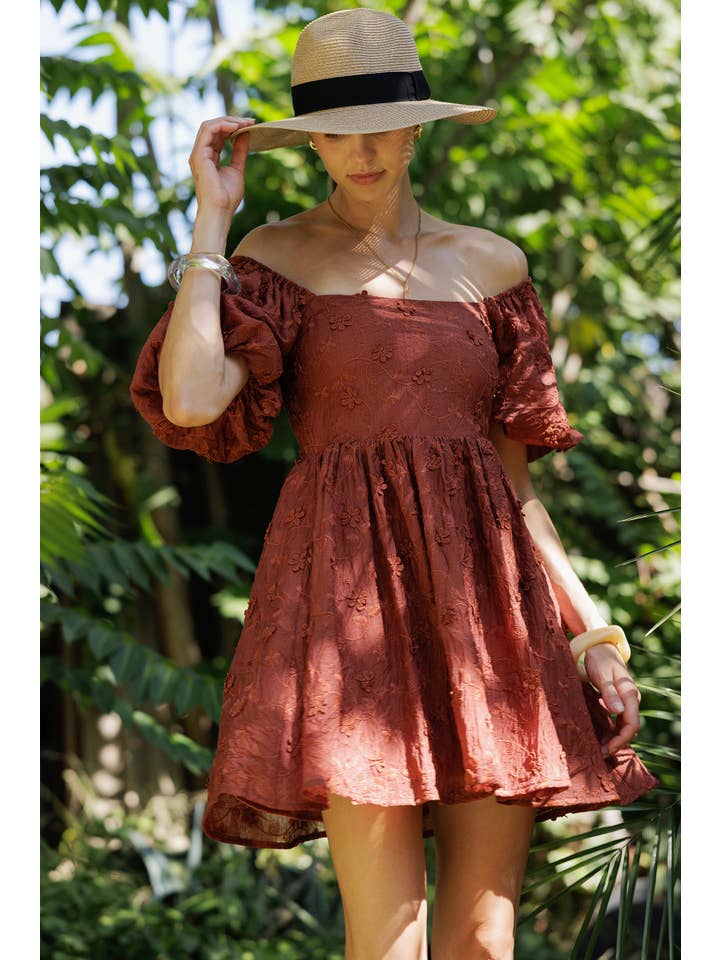 RUST YD5019 Embroidered Puff Sleeve Off-Shoulder Mini Dress for wholesale on Faire8