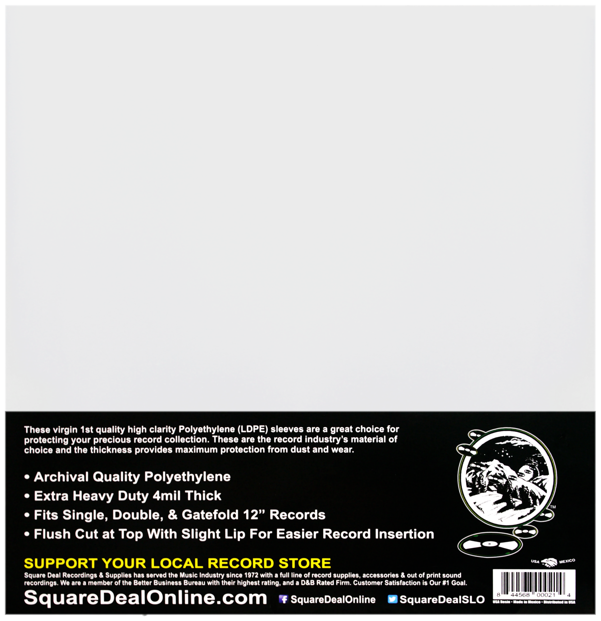 Square Deal Recordings & Supplies – wholesale Music accessory – 12" Record Outer Sleeves Extra Heavy Duty 4mil Thick Vinyl 1