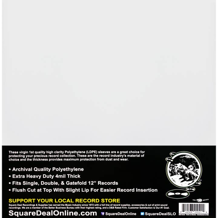 Square Deal Recordings & Supplies – wholesale Music accessory – 12" Record Outer Sleeves Extra Heavy Duty 4mil Thick Vinyl 1