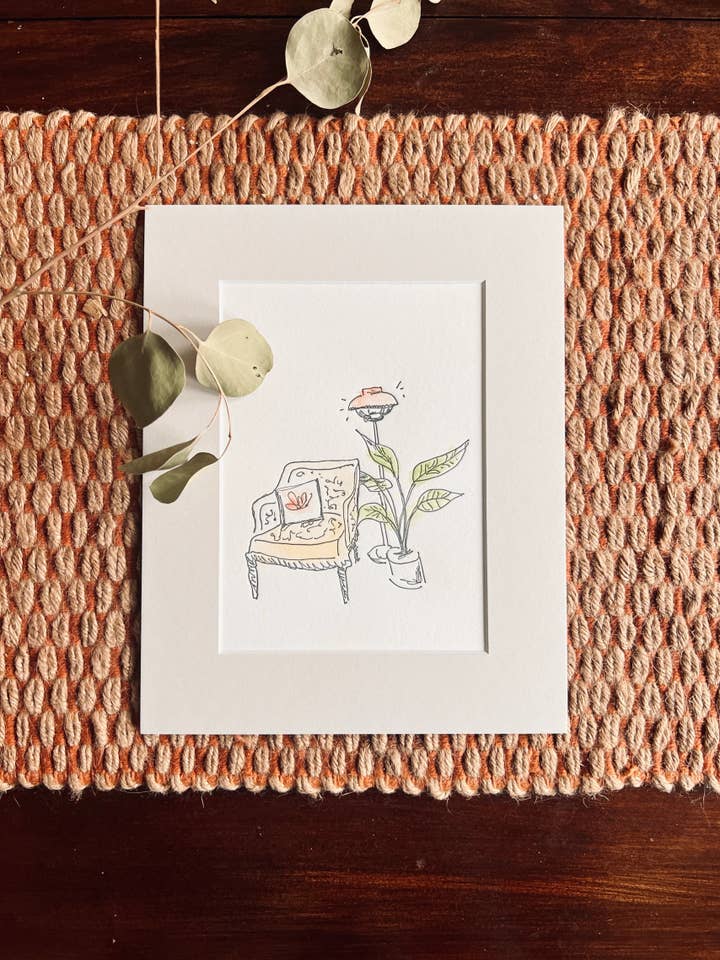 sitting place matted letterpress and watercolor print for wholesale by melon r. studio
